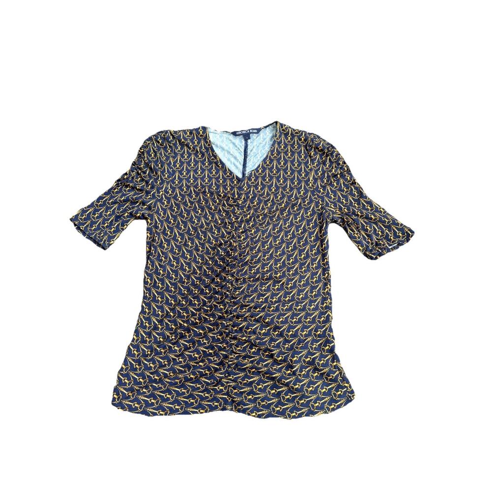 Veronica Beard Neeta Ruched V-Neck Short Sleeve Navy Multi Size Small Top